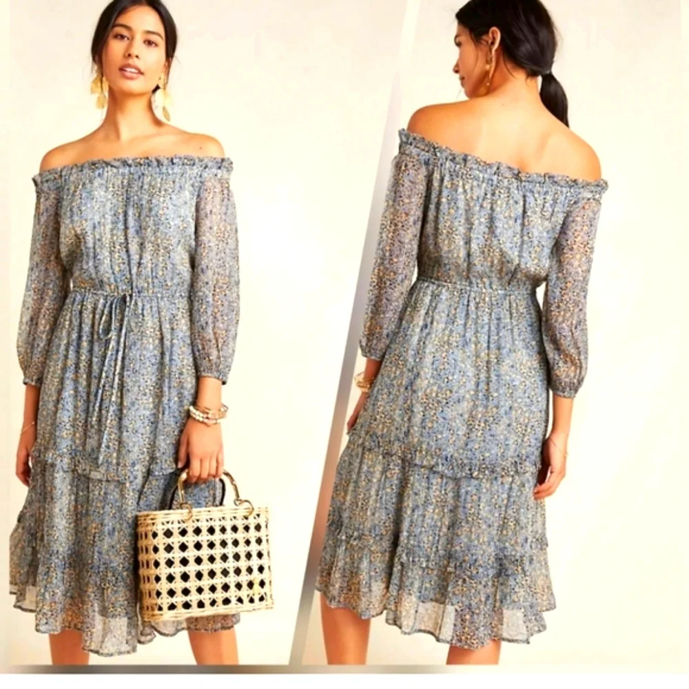 Anthropologe Dress Size 6 Peasant Off the Shoulder Midi Dress NWOT - Picture 6 of 12